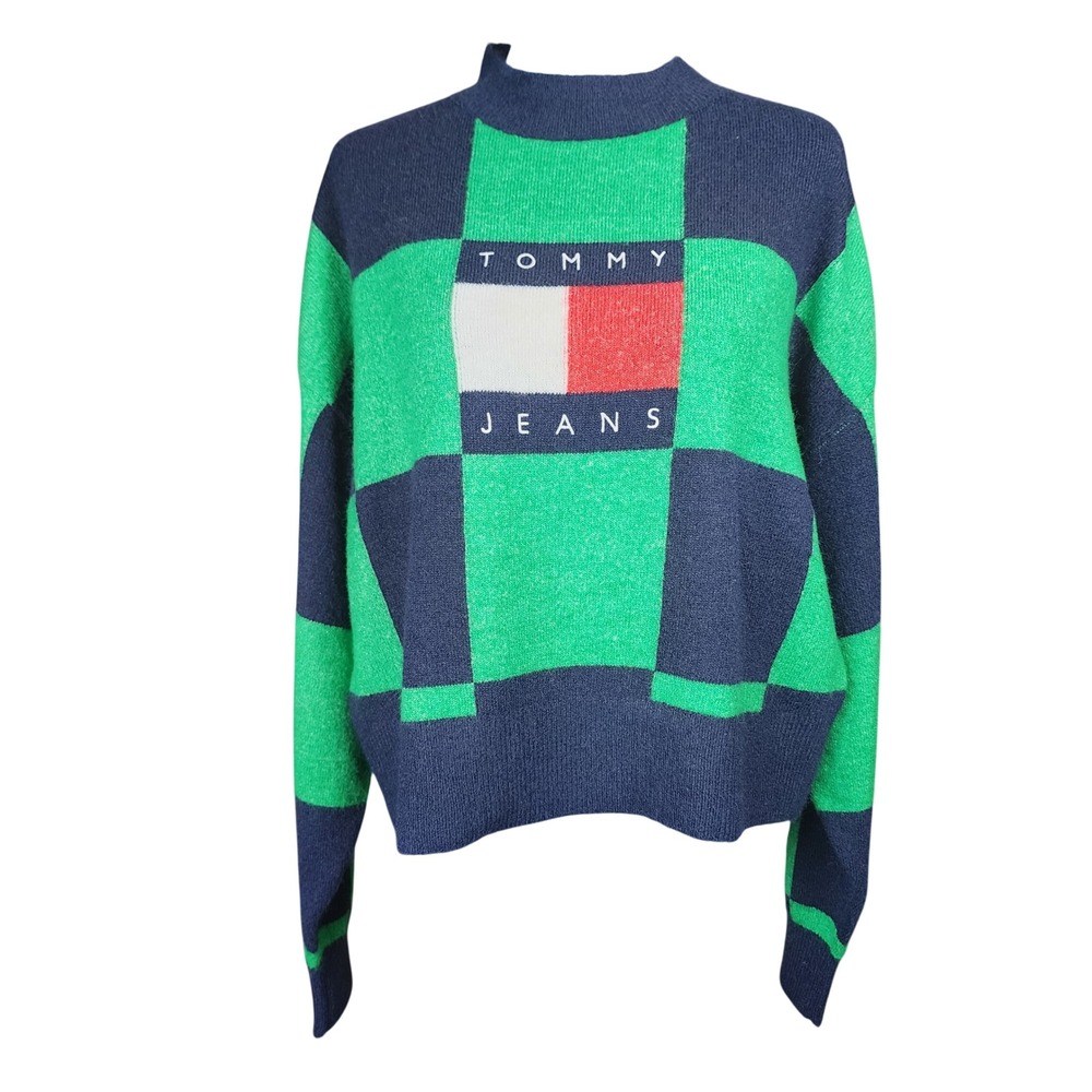 Tommy Jeans Checkerboard Sweater Womens XL Green Blue Flag Oversized Casual Boxy